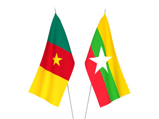 National fabric flags of Myanmar and Cameroon isolated on white background. 3d rendering illustration.