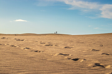 Fototapeta na wymiar People walking in the dunes of Maspalomas in Gran Canaria