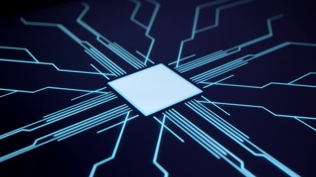 Human finger is pressing a digital button on a glowing touchscreen. Futuristic microprocessor is starting the operation of the computer program. Machine learning and artificial intelligence.