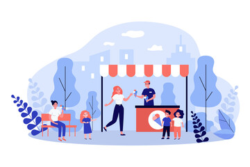 People buying ice cream at stand. City part, children, dessert. Flat vector illustration. Street food, summer, refreshment concept for banner, website design or landing web page