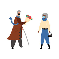 A gray-haired elderly man in face mask meets his wife or beloved with flowers. Valentine's Day during the Covid pandemic