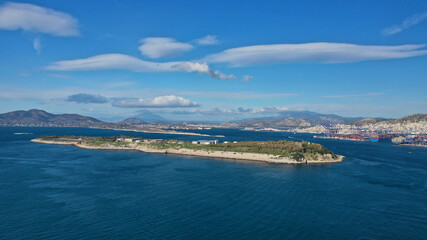 Aerial drone photo of Attica's latest technology sewage plant small island of Psitaleia, Perama, Greece