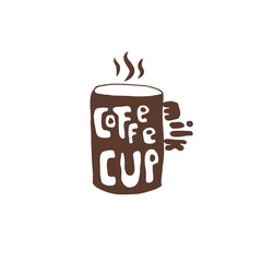 Vector hand drawn cup of coffee with milk. Letters logo design. Isolated on the white background. Logo design. Coffee restaurant.