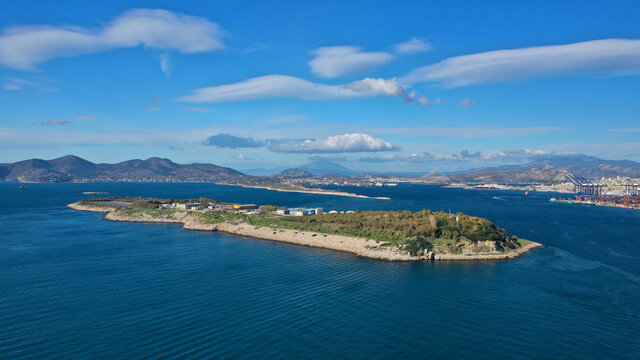 Aerial drone photo of Attica's latest technology sewage plant small island of Psitaleia, Perama, Greece