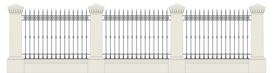 Classic iron fence with stone pillars. Urban design. Isolated. White background.