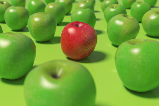 one red apple in a group of green apples