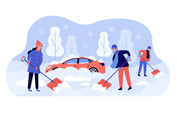 Positive people cleaning backyard area after snowy storm flat vector illustration. Cartoon men and woman removing snow from buried car. Winter activities and season concept