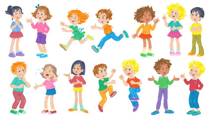 Collection of children of different nationalities. Different emotions, gestures and postures. In cartoon style. Isolated on white background. Vector flat illustration.