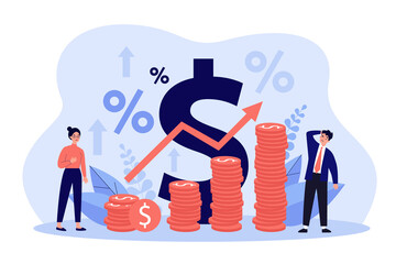 Tiny people standing near piles of coins with growth arrow flat vector illustration. Cartoon metaphor of price increase process in percentage. Economy and money value recession concept