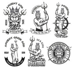 Monochrome Poseidon emblems vector illustration set. Vintage stickers with ocean god in crown holding trident. Ancient Greece mythology concept can be used for stickers and badges - obrazy, fototapety, plakaty