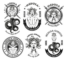 Vintage badges with Medusa Gorgon vector illustration set. Monochrome woman having live snakes for hair. Ancient Greece mythology concept can be used for retro template © Bro Vector