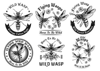 Wild wasps black and white tattoo vector illustration set. Vintage flying wasps. Dangerous insects and fauna concept can be used for retro template, banner or poster
