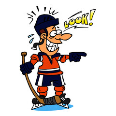 Hockey player laughs and gestures with his finger and says Look, winter sports, color cartoon