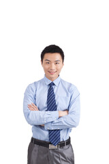 Portrait of young businessman standing in white background 