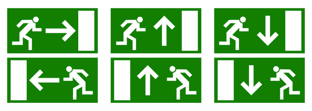 Escape route emergency exit green set vector