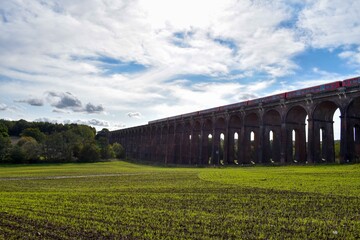 Train running over a bridge in the countryside