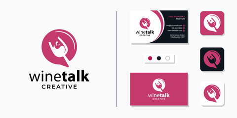 Wine glass with chat sign logo icon and business card design template