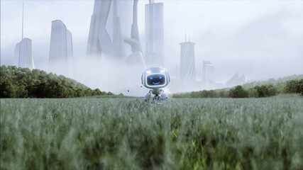 Funny toy robot in the meadow on the background of a futuristic city. Future concept. 3d rendering.