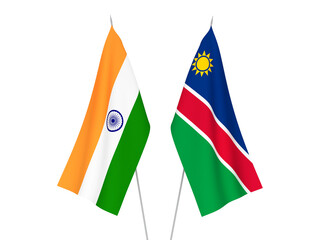 National fabric flags of India and Republic of Namibia isolated on white background. 3d rendering illustration.