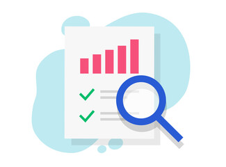Analyzing audit review or business document vector icon flat cartoon, concept of evaluation or assessment sales report research, verification or inspection of results data, strategy control modern