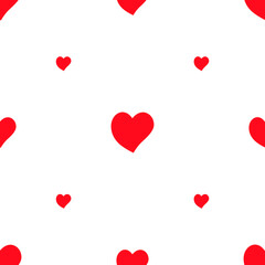Seamless vector pattern with red hearts of different sizes on a white background. For festive postcards design, packages, wallpapers, decorations and prints