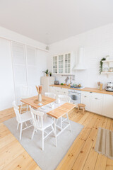 cute cozy light interior design of the apartment with a free layout of the kitchen and bedroom areas. a lot of windows, a wooden floor and a hanging swing.