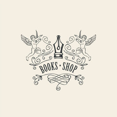 Vector logo, icon, vignette or label for books shop with nib, angels and curlicues. Simple hand-drawn illustration on an old paper background in retro style