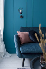 Charming blue sofa, close-up