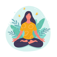 Obraz na płótnie Canvas Meditating woman. Vector illustration of cartoon young brunette woman in yellow t-shirt sitting in yoga lotus position surrounded by plant leaves