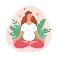 Obraz na płótnie Canvas Yoga for pregnant women. Vector illustration of cartoon young pregnant woman in white t-shirt sitting in lotus position surrounded by plant leaves