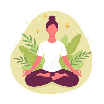 meditating woman. Vector illustration of cartoon young woman sitting in yoga  lotus position surrounded by plant leaves. yoga lotus pose, women wellness  concept. flat isolated on white. 6066821 Vector Art at Vecteezy
