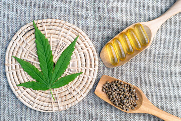 Green marijuana leaf The pills in the wooden spoon brown background The concept of extracting cannabis leaves as a therapeutic oil in natural herbal medicine. Alternative medicine has a text area.