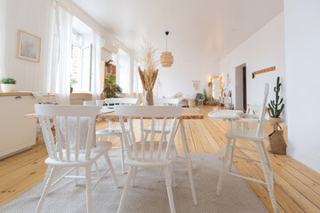 cute cozy light interior design of the apartment with a free layout of the kitchen and bedroom areas. a lot of windows, a wooden floor and a hanging swing.