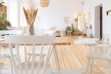 cute cozy light interior design of the apartment with a free layout of the kitchen and bedroom areas. a lot of windows, a wooden floor and a hanging swing.