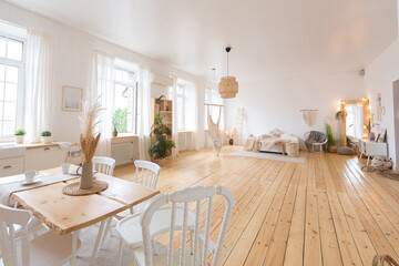 cute cozy light interior design of the apartment with a free layout of the kitchen and bedroom areas. a lot of windows, a wooden floor and a hanging swing.