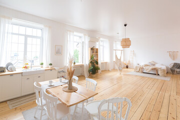 cute cozy light interior design of the apartment with a free layout of the kitchen and bedroom areas. a lot of windows, a wooden floor and a hanging swing.