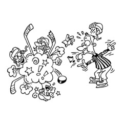 Hockey referee blowing his whistle and trying to stop the battle of several players, winter sport, black and white cartoon