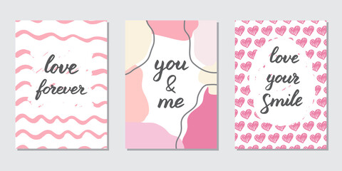 Set of 3 Valentines day cards. Trendy prints in pink colors with hand drawn phrases. Lettering compositions. Greeting postcards in simple style. Romantic doodle illustration. Seasonal design, poster
