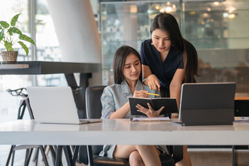 Young business teamwork working with business report document on office desk.Brainstorming Business People Design Planning,Brainstorming Planning Partnership.