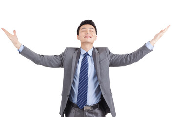 Portrait of young businessman standing in white background 