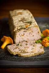 homemade sausage from minced meat with mushrooms and vegetables inside