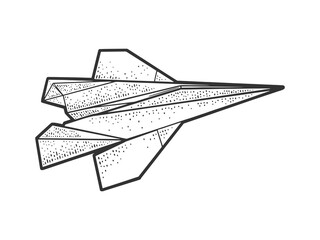 origami paper plane sketch engraving vector illustration. T-shirt apparel print design. Scratch board imitation. Black and white hand drawn image.