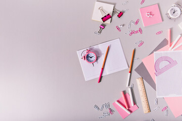 Set of school supplies for writing and studying in pink colors on white background