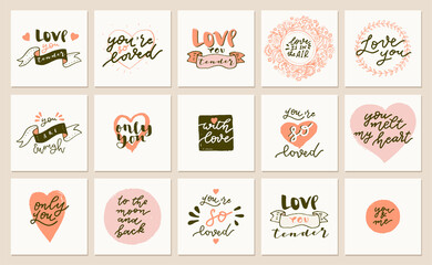 Vector cute Valentines Day quote postcards, greeting cards in retro style. Set of Boho Love hand drawn cards. Vintage calligraphic illustration