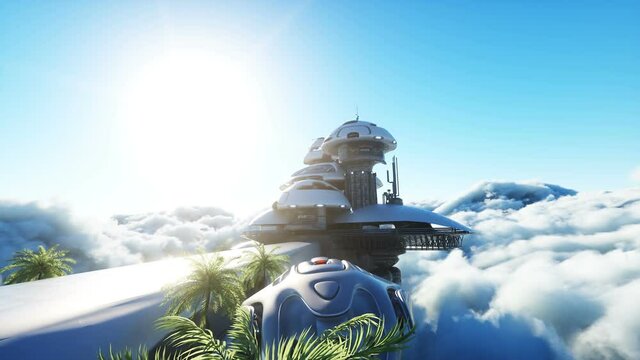 futuristic city station on the clouds. Flying futuristic ships. Concept of future. Realistic 4k animation.