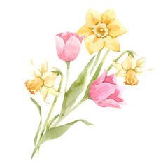 Beautiful image with watercolor gentle blooming spring flowers. Stock illustration.