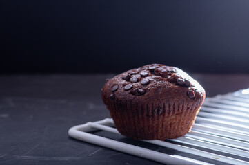 Chocolate muffin with chocolate sprinkles. Chocolate muffin on a white wire rack.