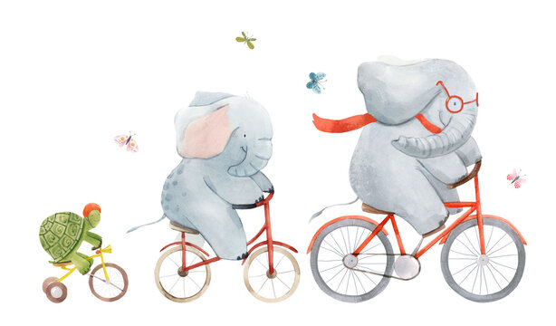 Beautiful stock illustration with watercolor hand drawn cute elephants and turtle on bikes.