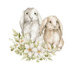 Aquarel konijnen en bloemboeketten, schattige bosdieren, pluizige paashaas geïsoleerd op wit. Boerderijdieren, narcissen, bladeren, groen.
