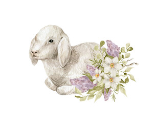 Watercolor white sheep and flower bouquets. Easter animals and floral. Cute farm pet, narcissus, lilac flower, leaves.  © Kate K.